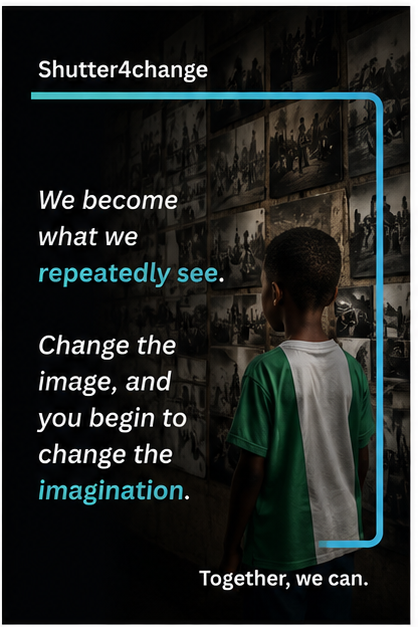 A boy facing a wall of photographs